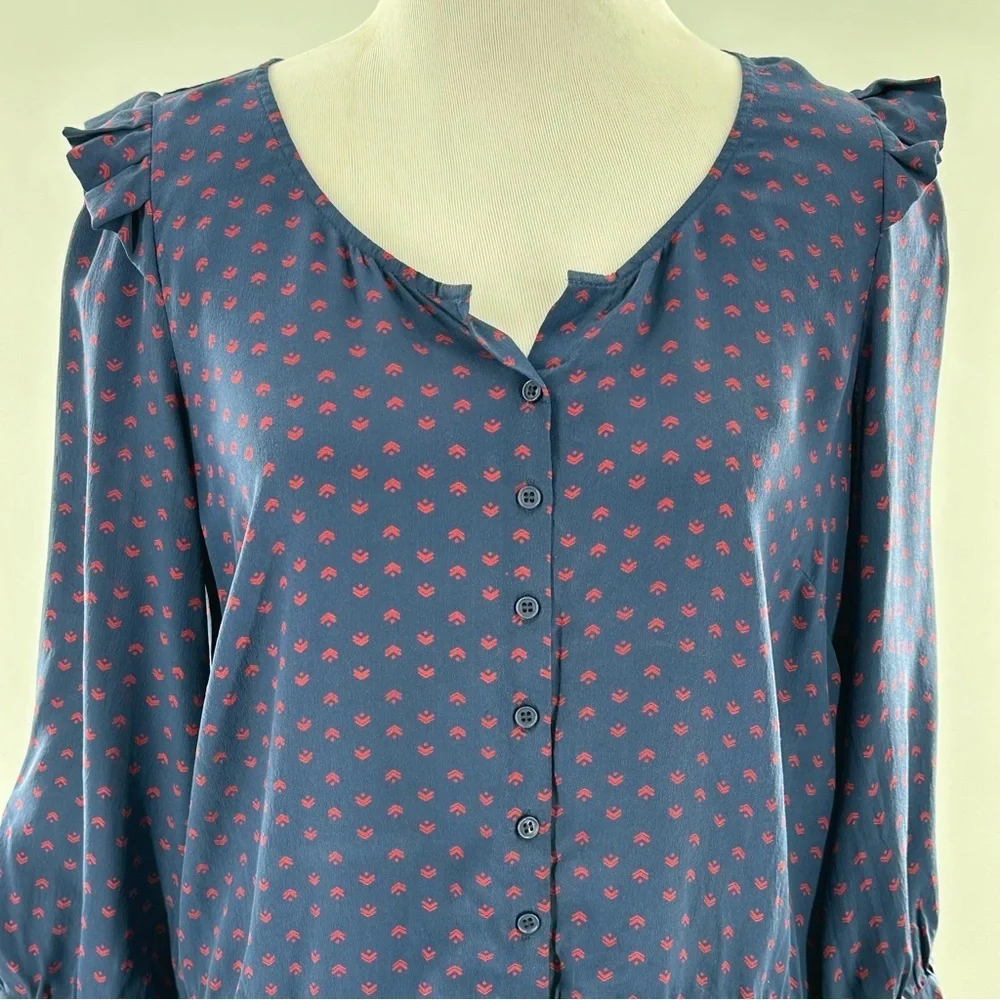 Petticoat Alley top S blue red 100% silk ruffle button down statement sleeves